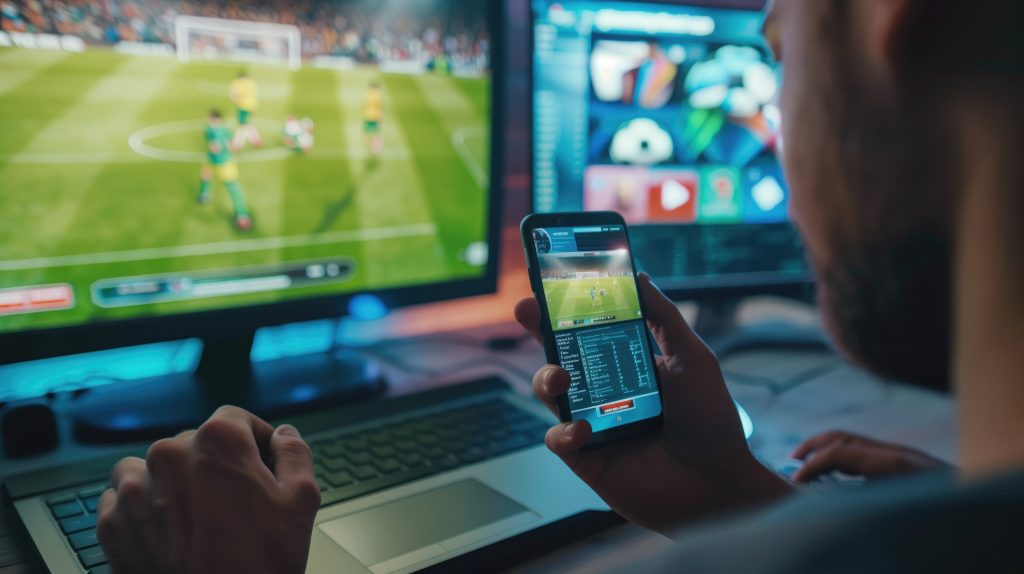 A man participating in sports betting and gambling.